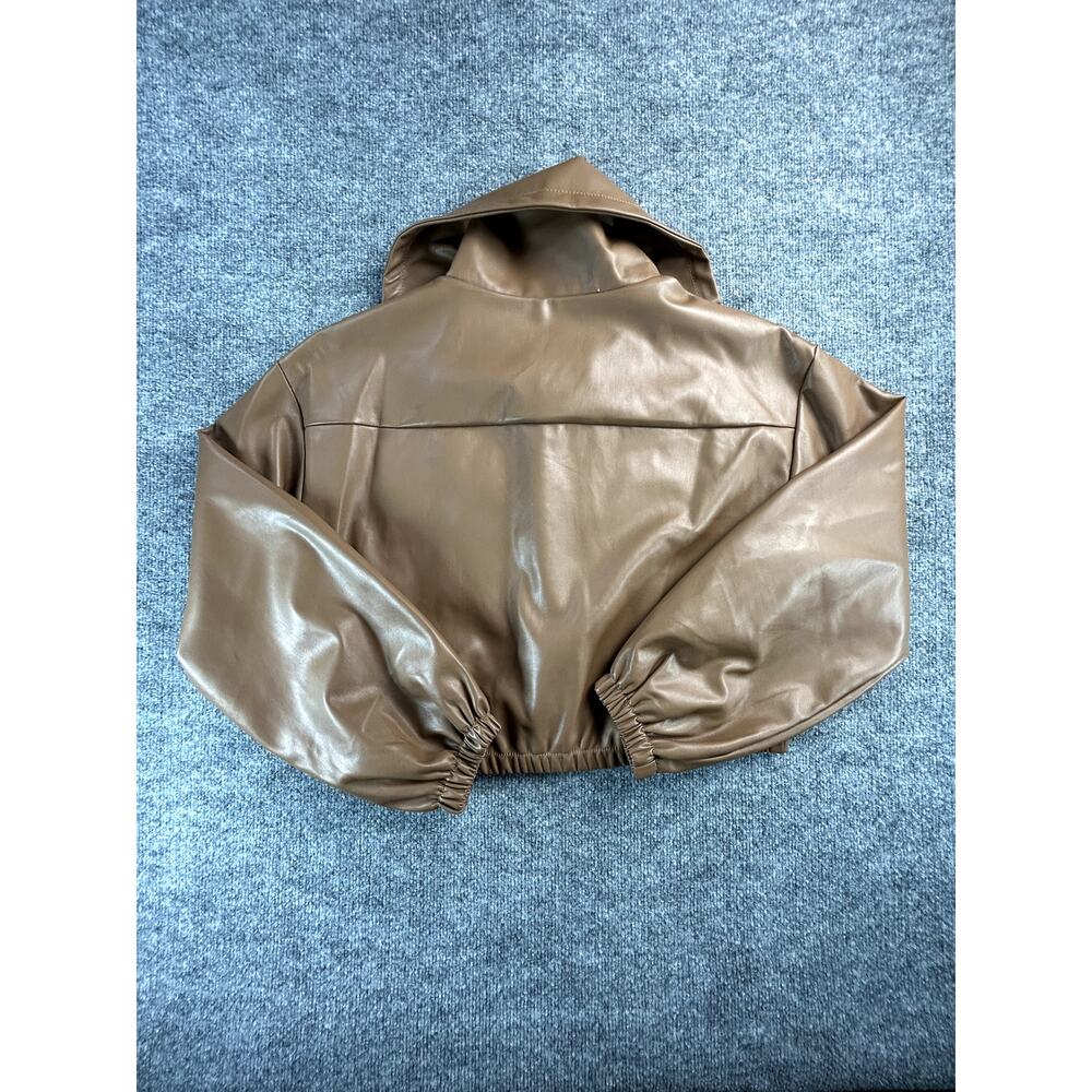 Cisono Women's XL Brown Faux Leather Cropped Jacket Balloon Sleeve Vegan Leather - Picture 2 of 9